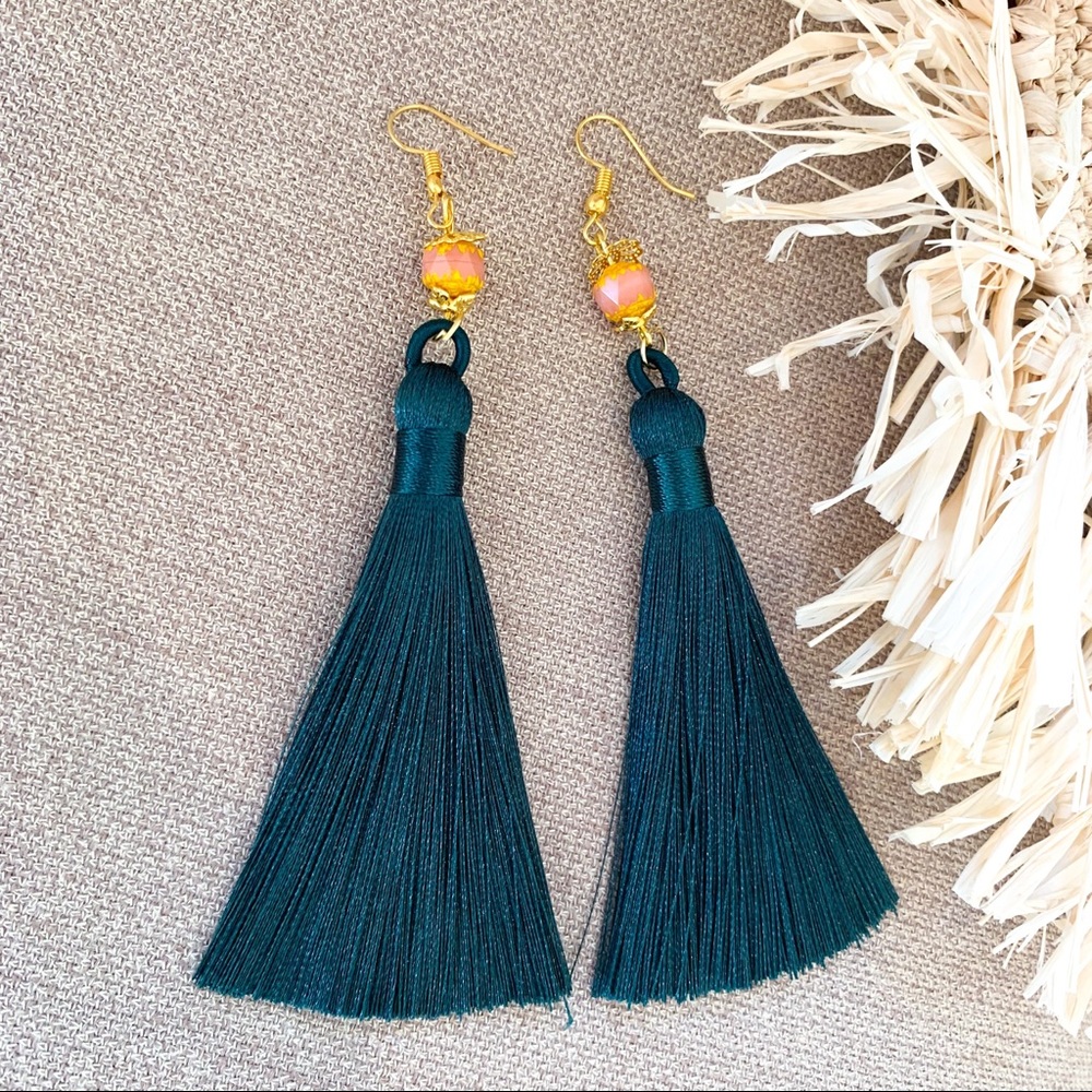 NEW Tassel Earrings - Handmade Hunter Green & Gold